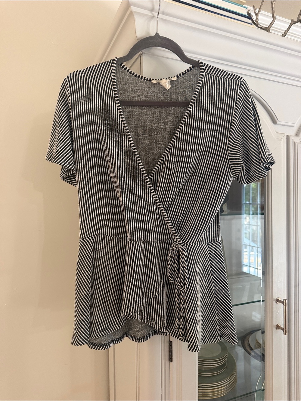 Caution To The Wind Black and White Striped Wrap Peplum Top